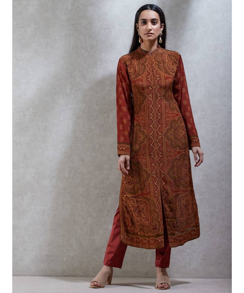 Band Collar Full Sleeves Printed Kurta With Pant and Dupatta
