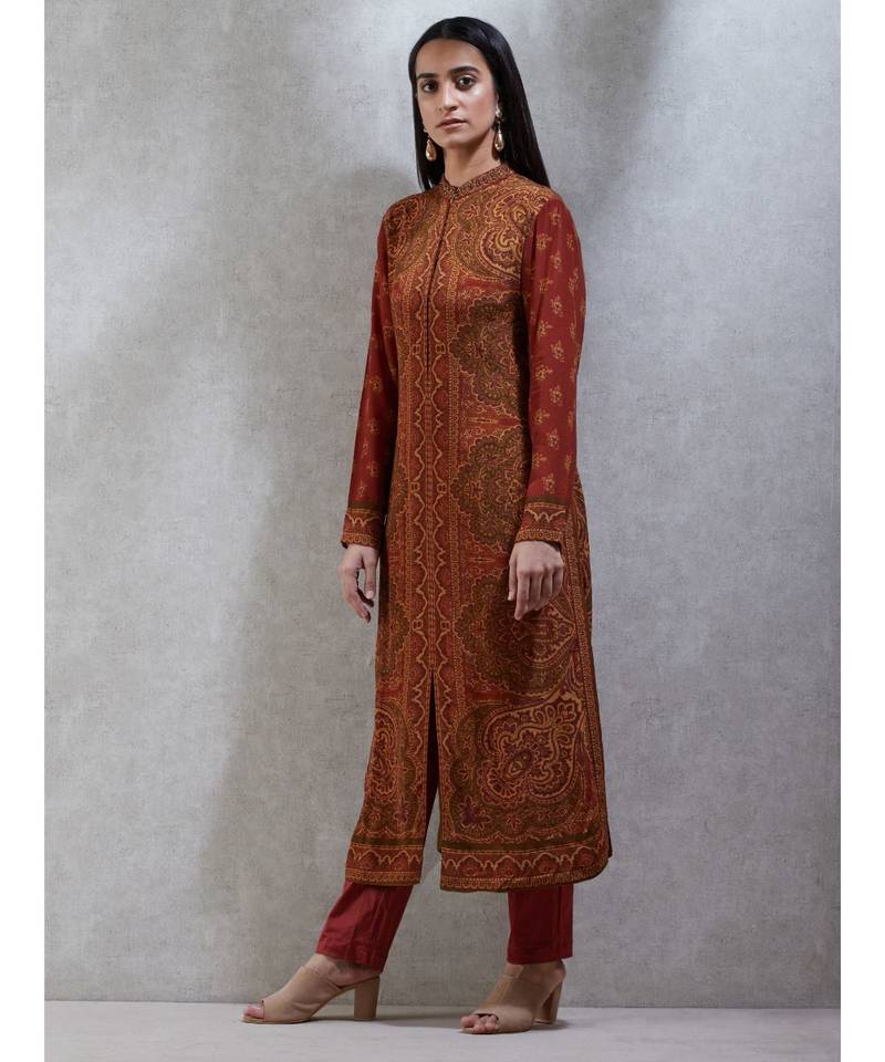 Band Collar Full Sleeves Printed Kurta With Pant and Dupatta