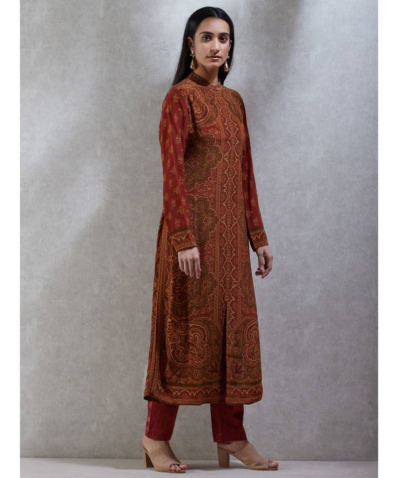 Band Collar Full Sleeves Printed Kurta With Pant and Dupatta