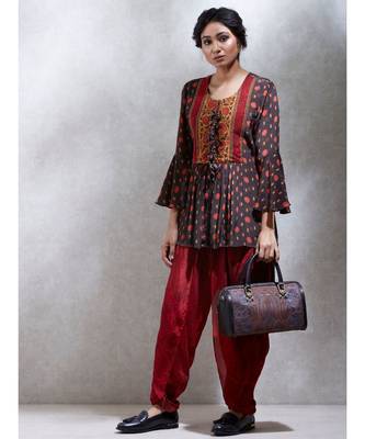Round Neck Full Sleeves Brick Red & Brown Peplum Kurti With Dhoti Salwar 1
