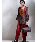 Round Neck Full Sleeves Brick Red & Brown Peplum Kurti With Dhoti Salwar
