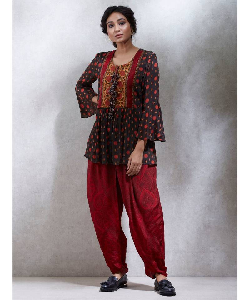 Round Neck Full Sleeves Brick Red & Brown Peplum Kurti With Dhoti Salwar