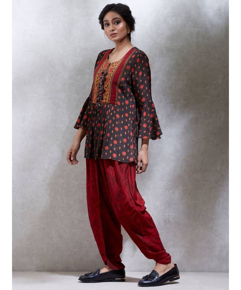 Round Neck Full Sleeves Brick Red & Brown Peplum Kurti With Dhoti Salwar