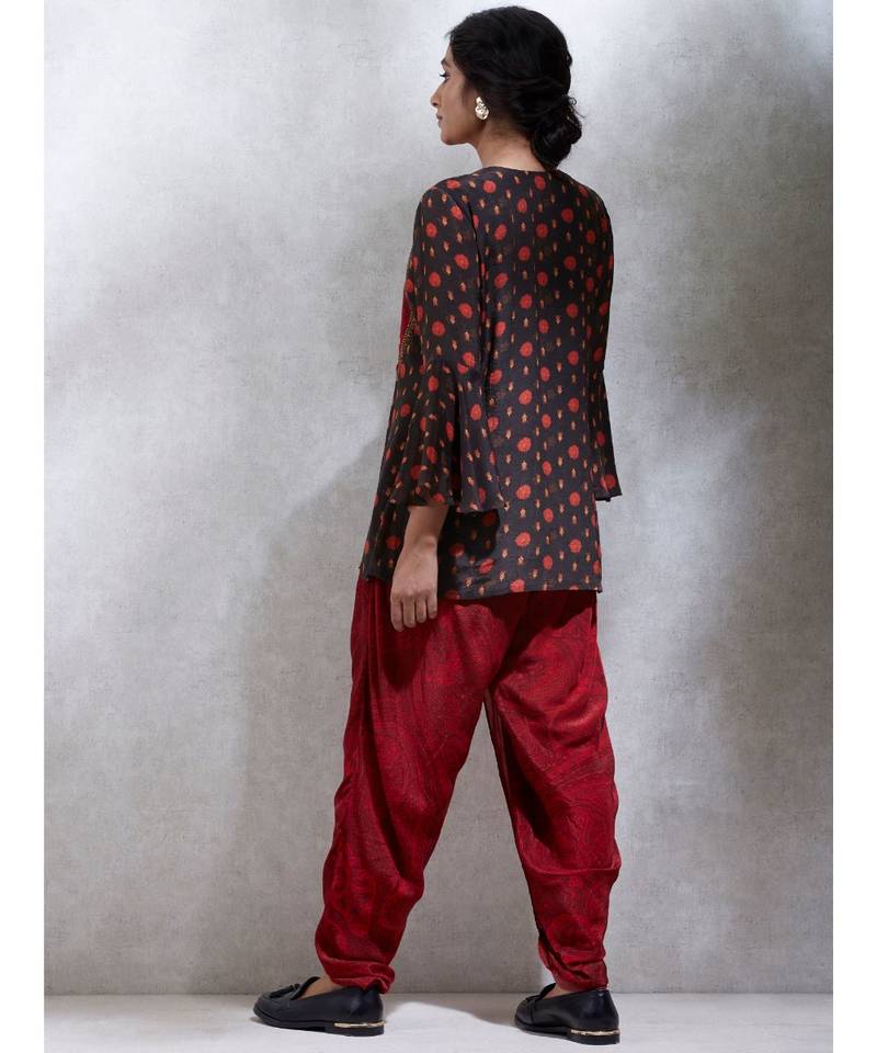 Round Neck Full Sleeves Brick Red & Brown Peplum Kurti With Dhoti Salwar