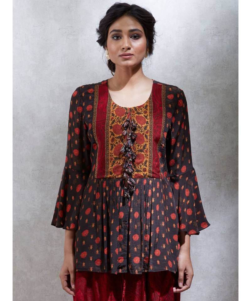 Round Neck Full Sleeves Brick Red & Brown Peplum Kurti With Dhoti Salwar