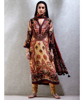 Band Collar Full Sleeves Kurta with Churidar and Dupatta 1