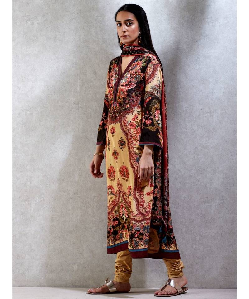 Band Collar Full Sleeves Kurta with Churidar and Dupatta