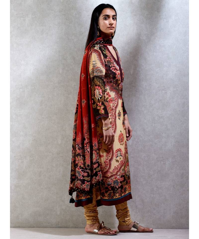 Band Collar Full Sleeves Kurta with Churidar and Dupatta