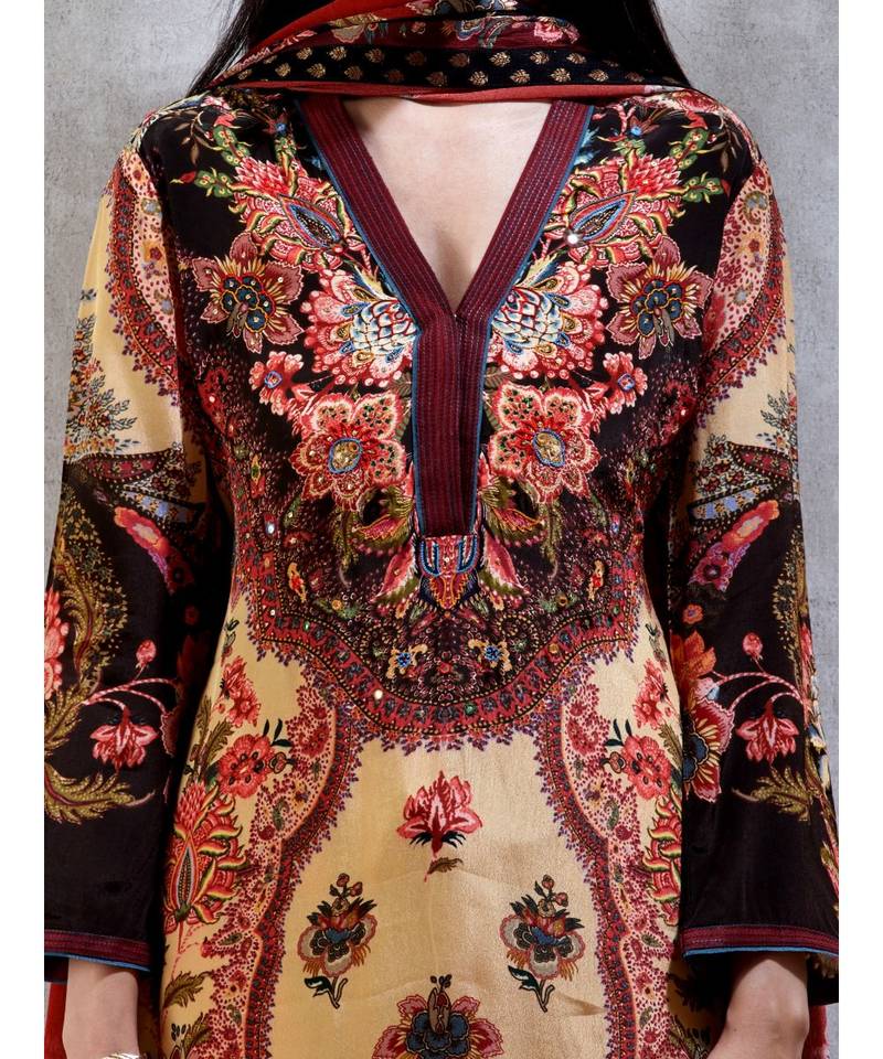 Band Collar Full Sleeves Kurta with Churidar and Dupatta