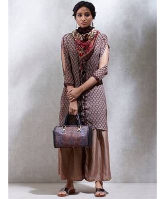 Brown & Beige Dabbu Print Kurta With Trouser And Scarf 1