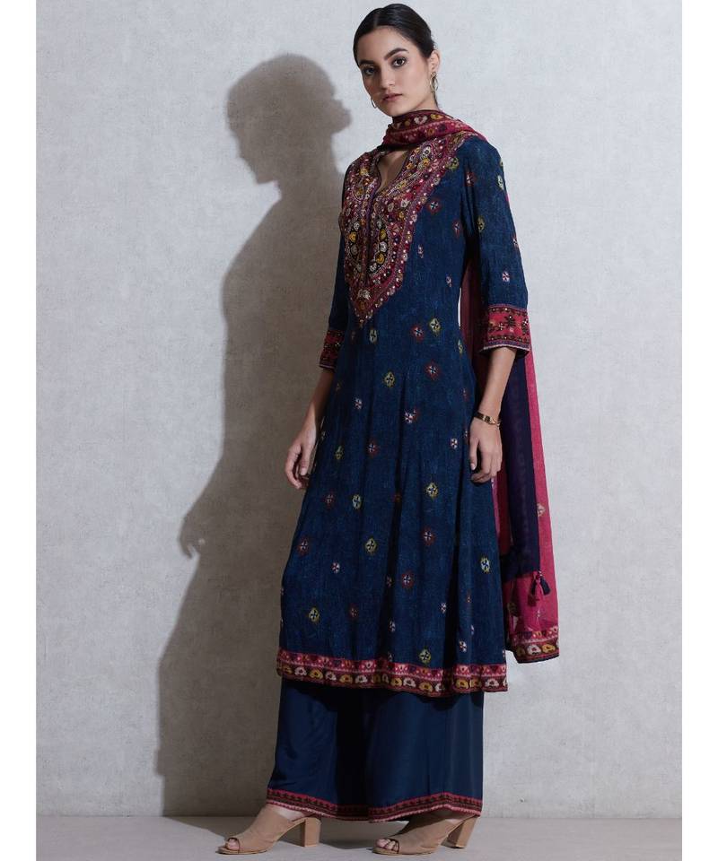 V-Neck with Placket 3/4 Sleeves Kurta With Pant And Dupatta