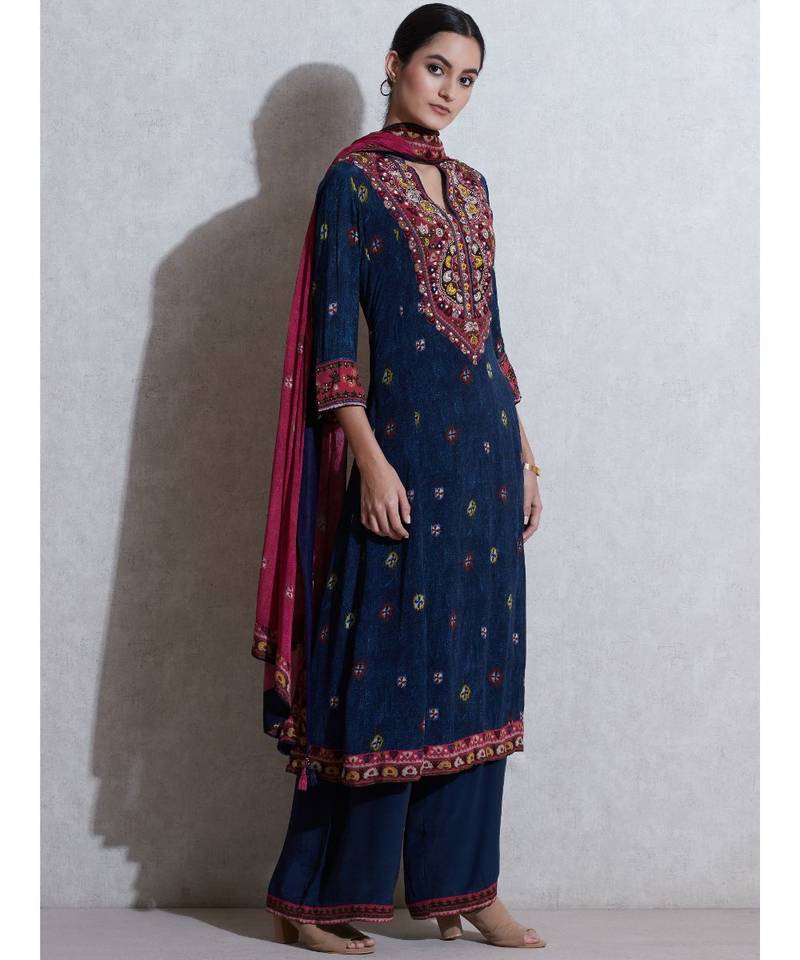 V-Neck with Placket 3/4 Sleeves Kurta With Pant And Dupatta