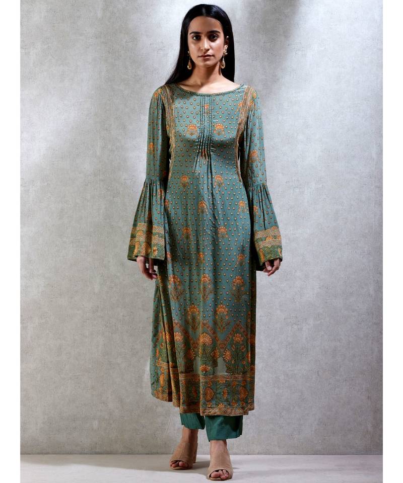 Boat Neck Flared Sleeves Kurta With Pant