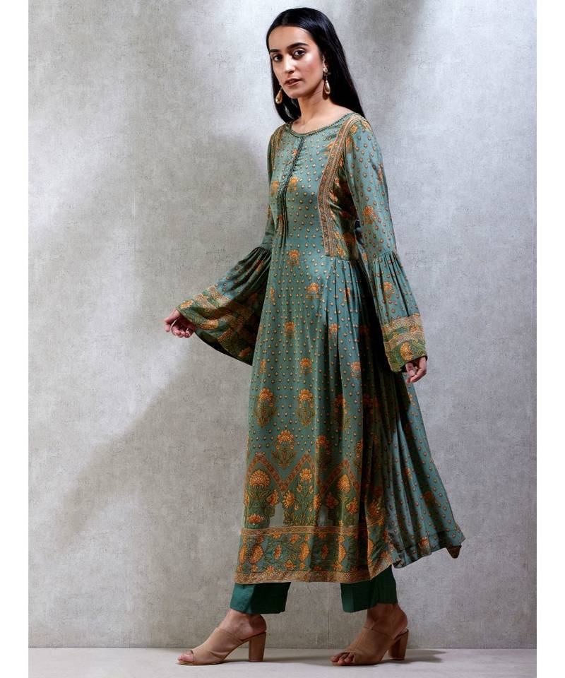 Boat Neck Flared Sleeves Kurta With Pant