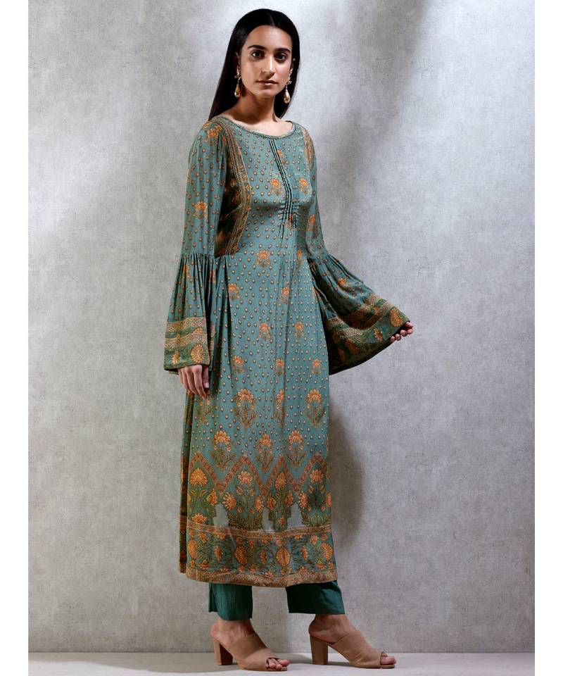 Boat Neck Flared Sleeves Kurta With Pant