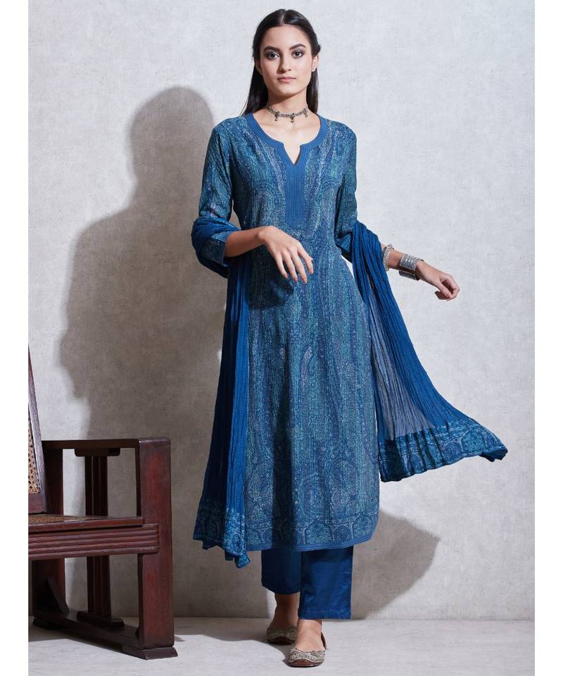 Round Neck 3/4 Sleeves Kurta with Trousers & Dupatta