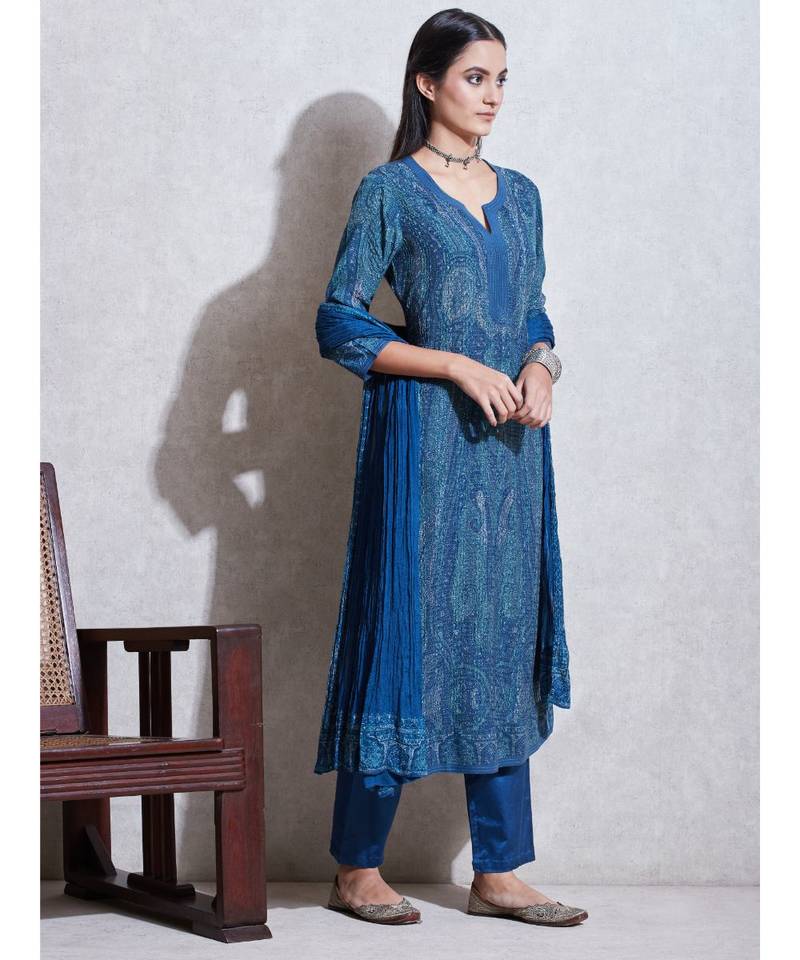 Round Neck 3/4 Sleeves Kurta with Trousers & Dupatta
