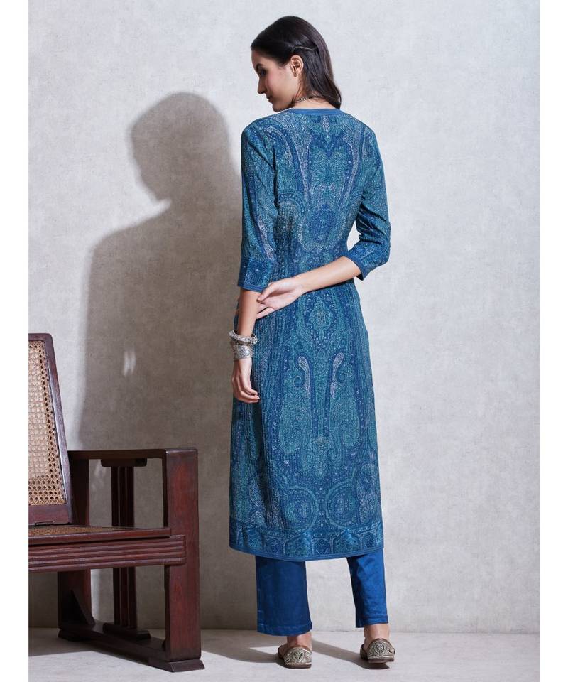 Round Neck 3/4 Sleeves Kurta with Trousers & Dupatta