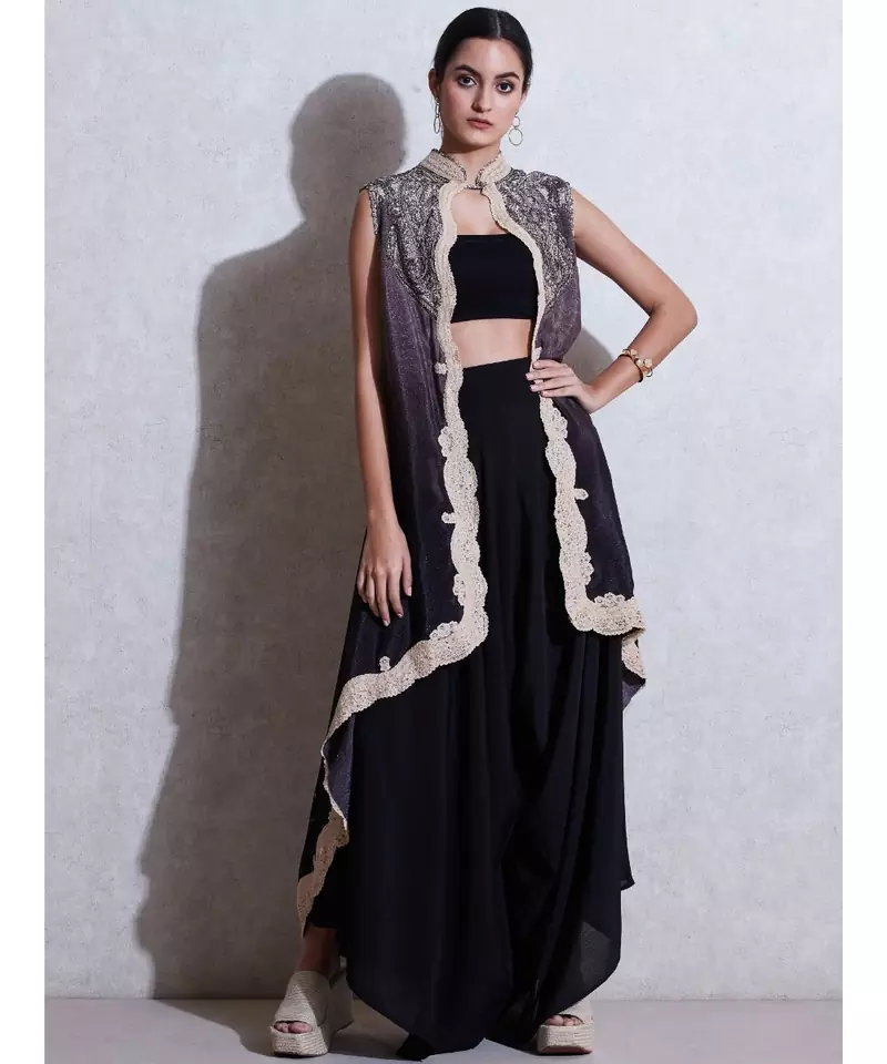 Band Collar Sleeveless Cape With Inner And Trouser