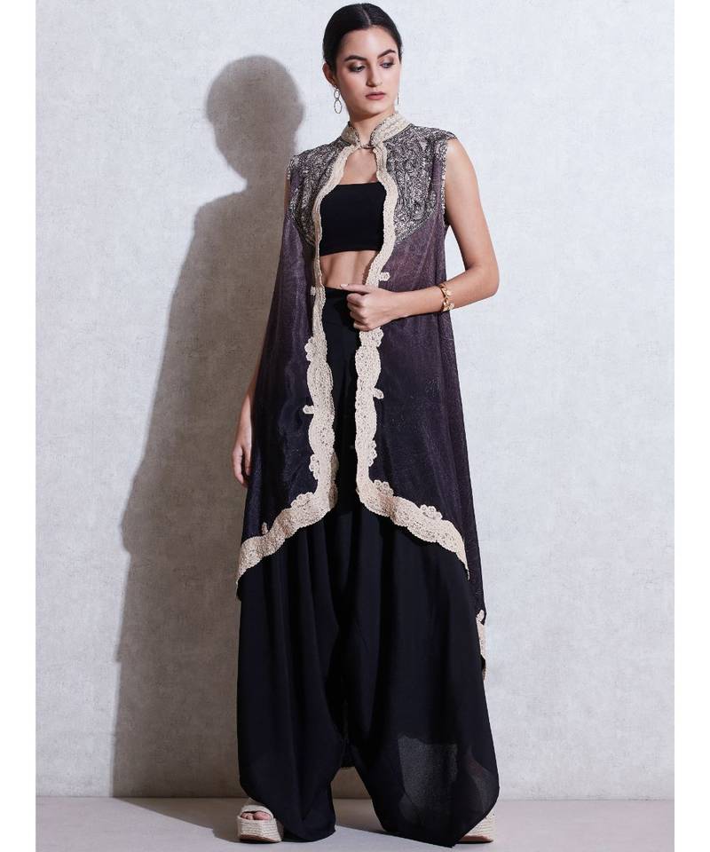 Band Collar Sleeveless Cape With Inner And Trouser