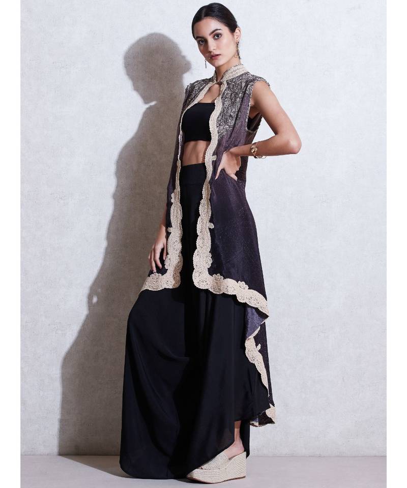 Band Collar Sleeveless Cape With Inner And Trouser