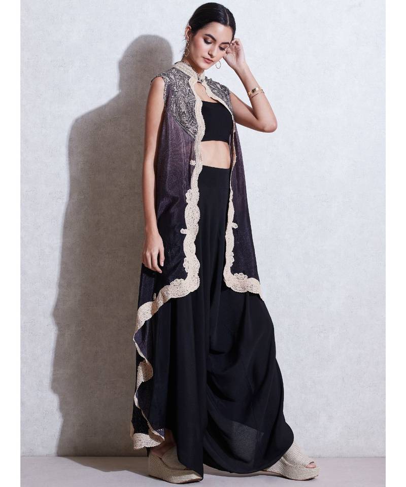 Band Collar Sleeveless Cape With Inner And Trouser