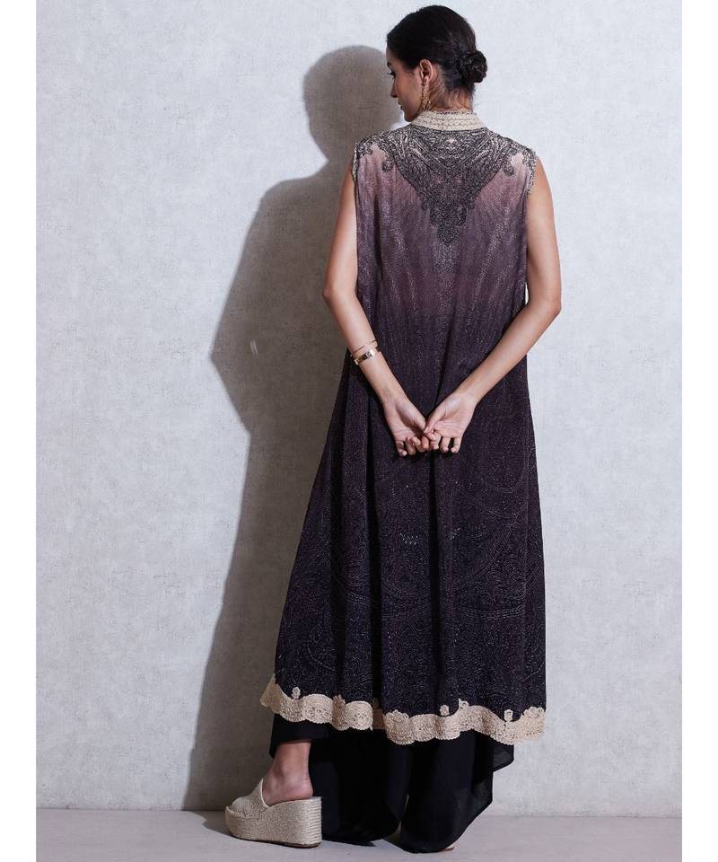 Band Collar Sleeveless Cape With Inner And Trouser