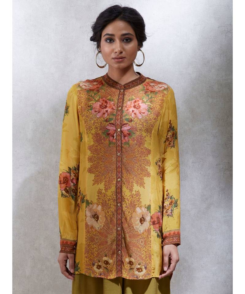 Full Sleeve Band Collar Printed Kurta