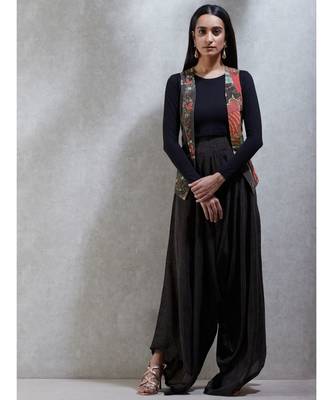 Round Neck Full Sleeves Beads/Seqns-Hand Emb Jacket With Jersey Top And Japanese Pant 1