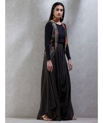 Round Neck Full Sleeves Beads/Seqns-Hand Emb Jacket With Jersey Top And Japanese Pant 3