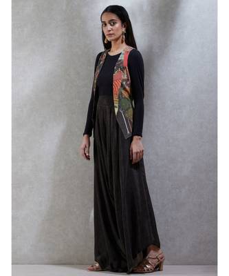 Round Neck Full Sleeves Beads/Seqns-Hand Emb Jacket With Jersey Top And Japanese Pant 4