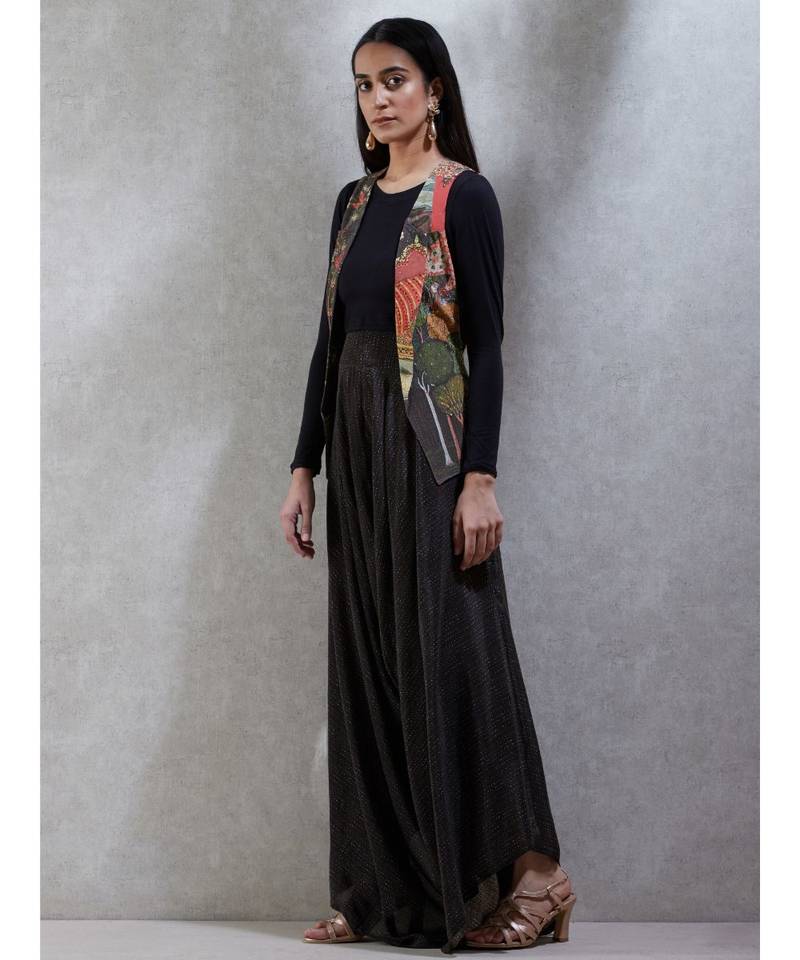 Round Neck Full Sleeves Beads/Seqns-Hand Emb Jacket With Jersey Top And Japanese Pant