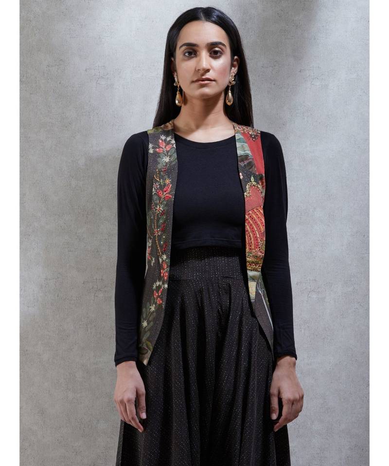 Round Neck Full Sleeves Beads/Seqns-Hand Emb Jacket With Jersey Top And Japanese Pant