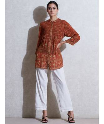 Band Collar Full Sleeves Floral Print Kurti 1