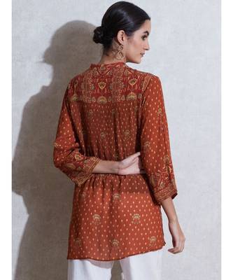 Band Collar Full Sleeves Floral Print Kurti 4