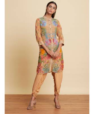 Band Collar 3/4 Sleeves Ochre Brown Floral Printed Kurti 1