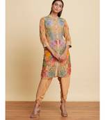 Band Collar 3/4 Sleeves Ochre Brown Floral Printed Kurti