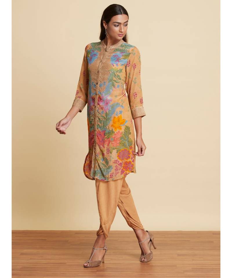 Band Collar 3/4 Sleeves Ochre Brown Floral Printed Kurti