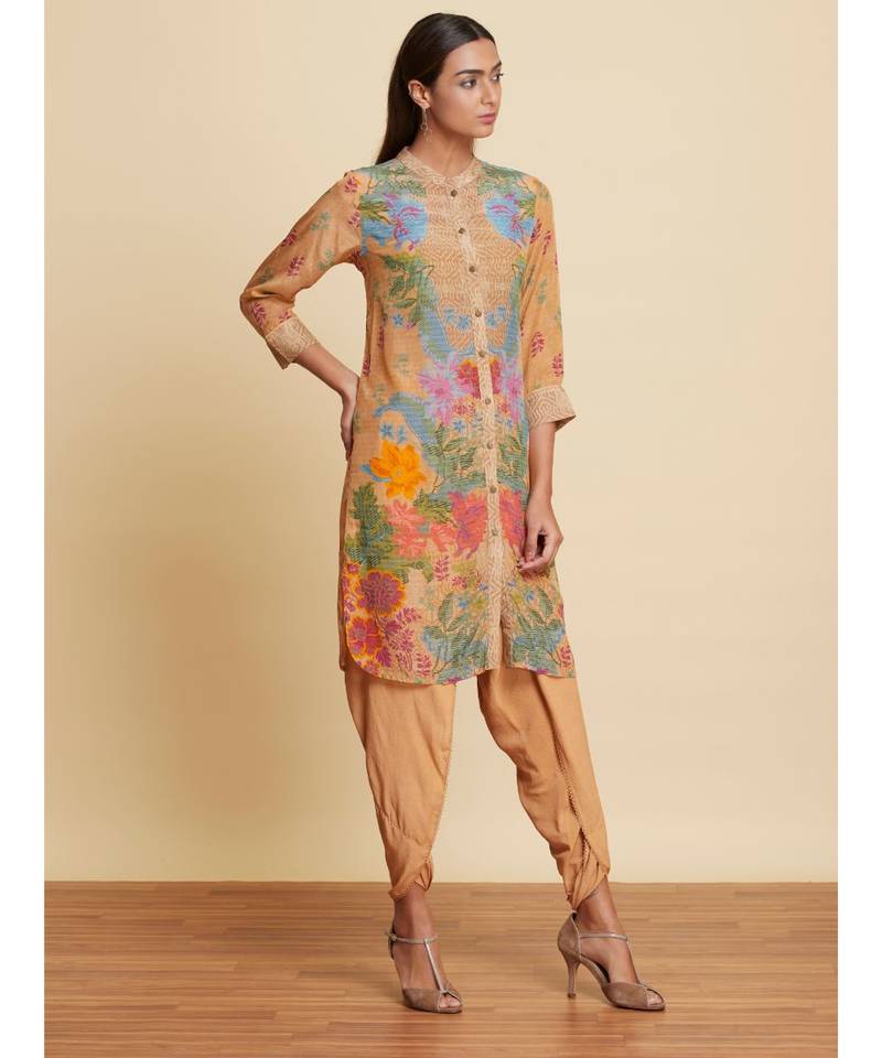 Band Collar 3/4 Sleeves Ochre Brown Floral Printed Kurti