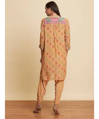 Band Collar 3/4 Sleeves Ochre Brown Floral Printed Kurti 4