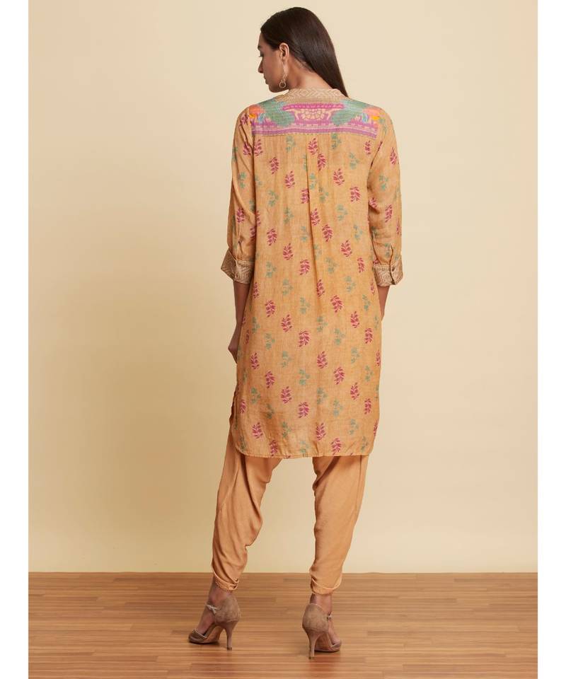 Band Collar 3/4 Sleeves Ochre Brown Floral Printed Kurti