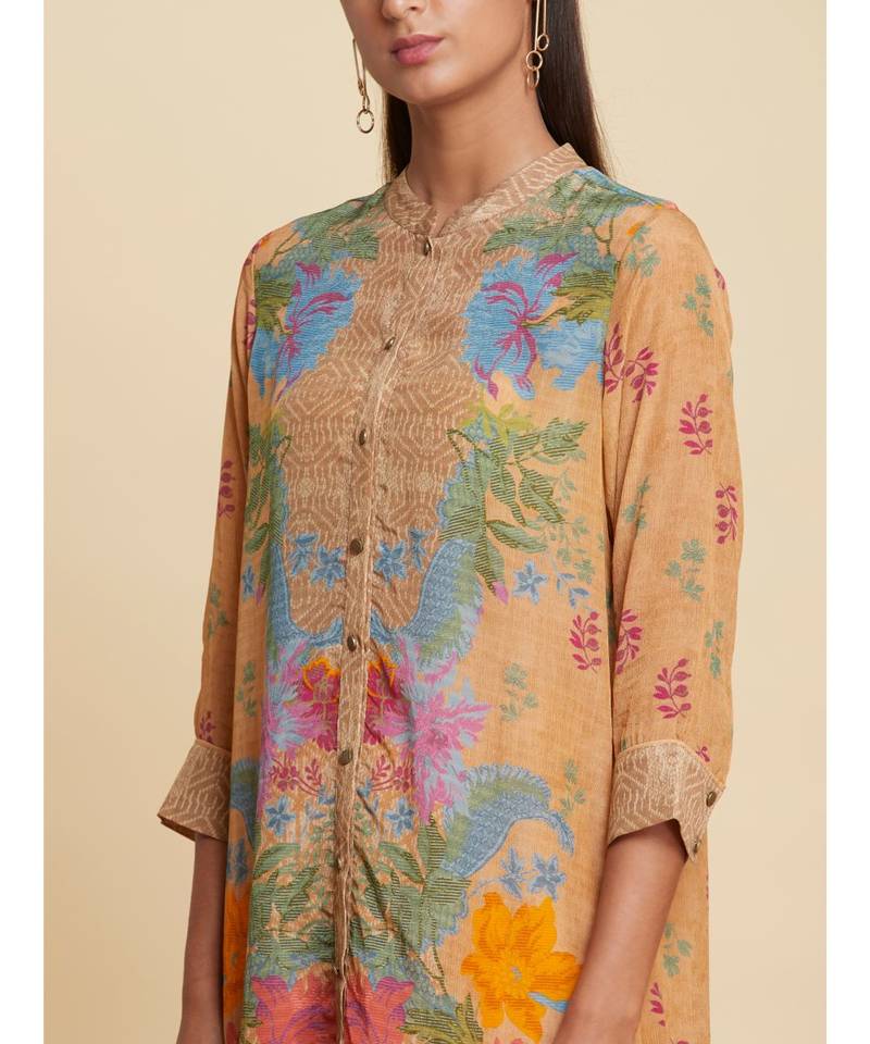 Band Collar 3/4 Sleeves Ochre Brown Floral Printed Kurti