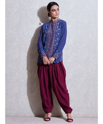 Band Collar Full Sleeves Blue & Pink Kurti 1