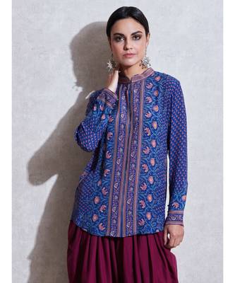 Band Collar Full Sleeves Blue & Pink Kurti 2