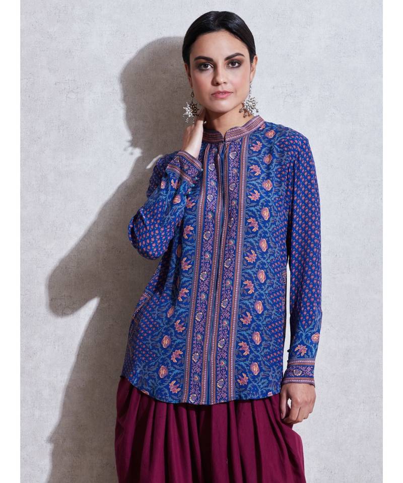 Band Collar Full Sleeves Blue & Pink Kurti