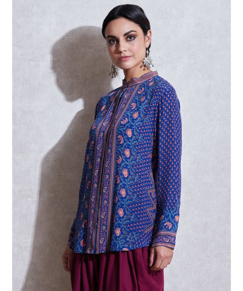 Band Collar Full Sleeves Blue & Pink Kurti