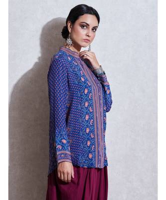 Band Collar Full Sleeves Blue & Pink Kurti 4