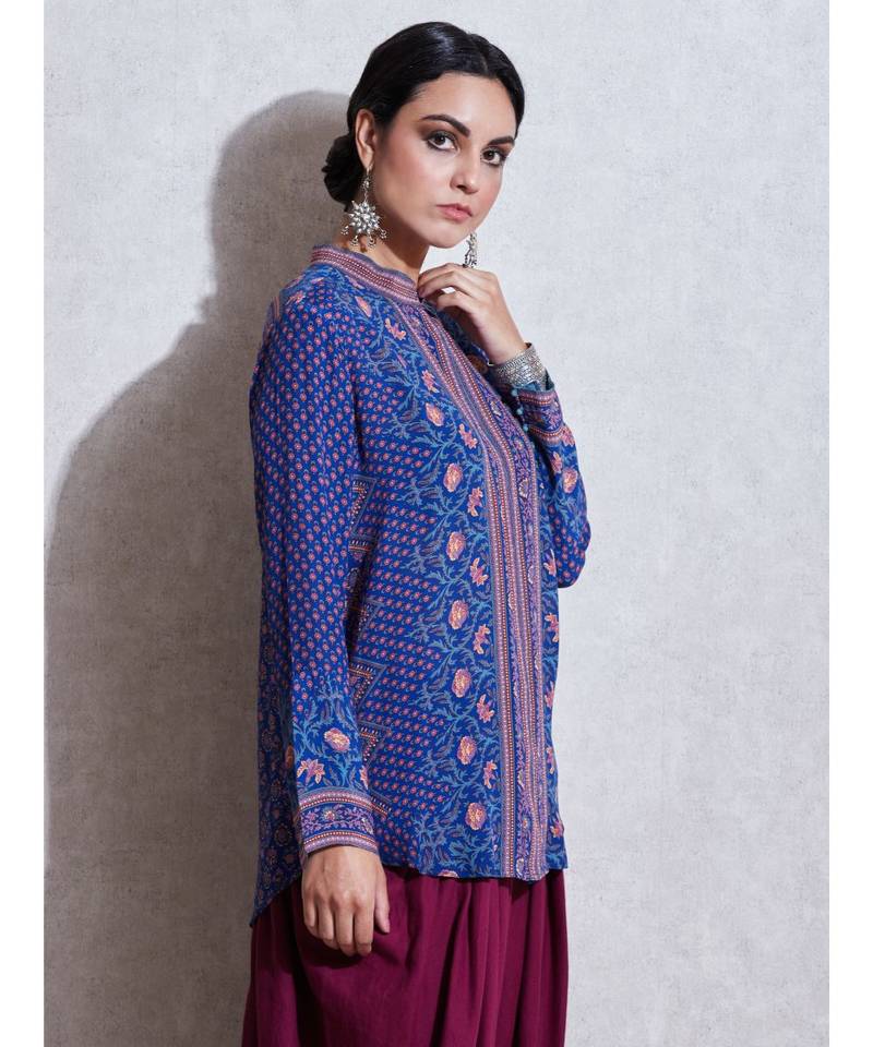 Band Collar Full Sleeves Blue & Pink Kurti