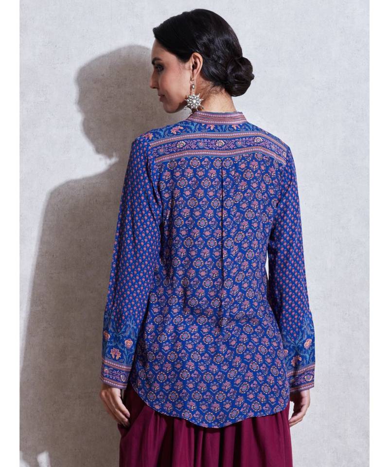 Band Collar Full Sleeves Blue & Pink Kurti