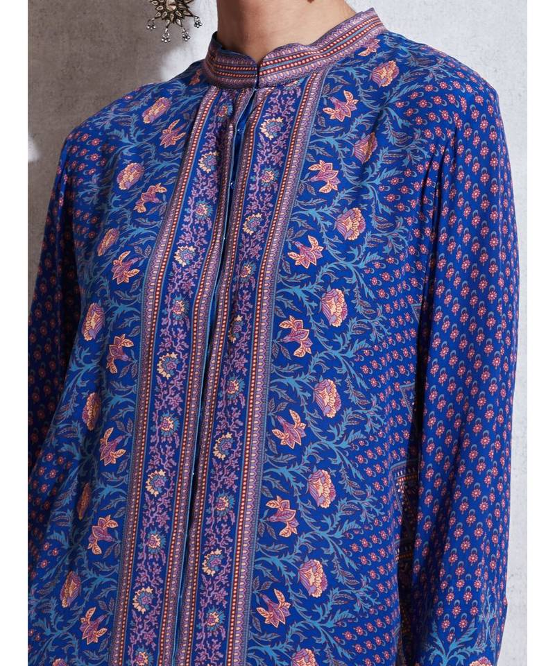 Band Collar Full Sleeves Blue & Pink Kurti